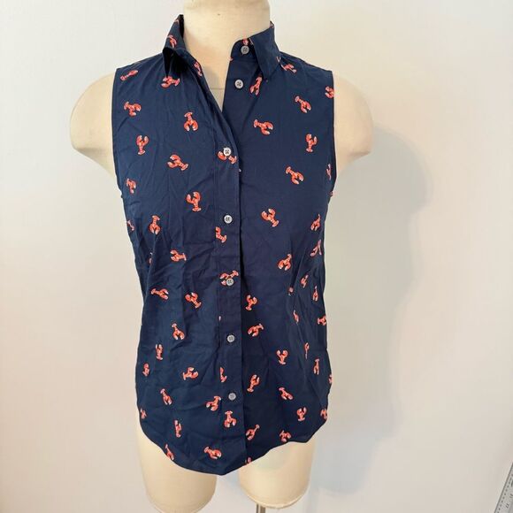 NWT J. Crew Navy Lobster Print Sleeveless Poplin Shirt in Signature Fit Size XS - Picture 1 of 8